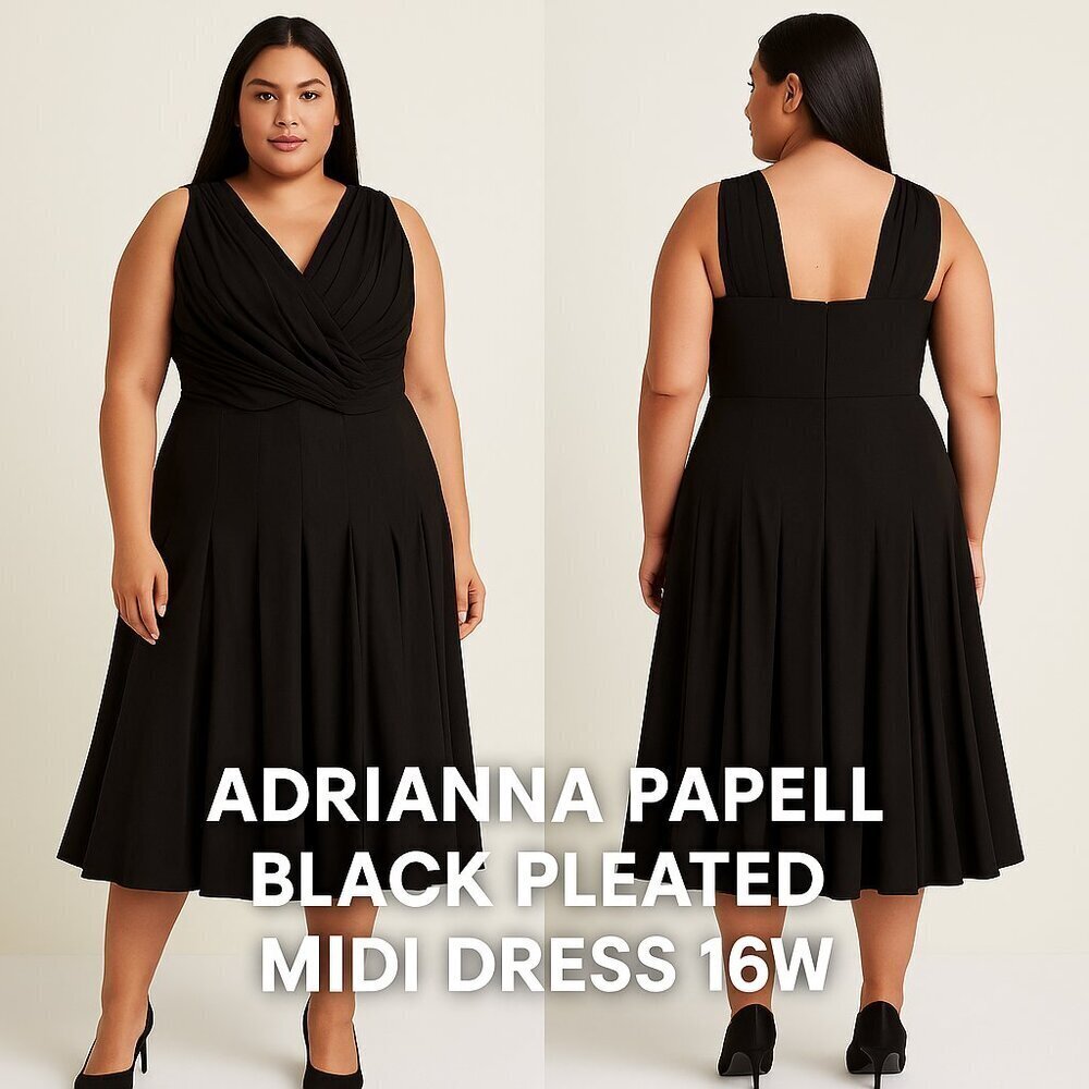 ADRIANNA PAPELL Black Pleated Midi Dress 16W